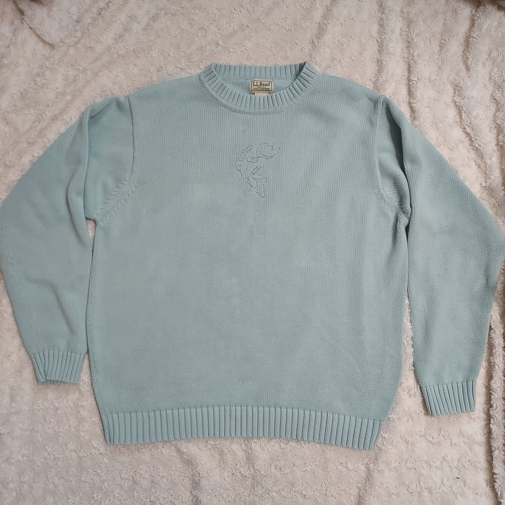L.L. Bean Light Blue Sweater Embroidered Trout Fisherman Coastal Grandpacore